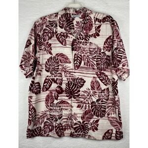 Tommy Bahama Mens XL Silk Tropical Monstera Leaf Print Camp Shirt Burgundy Cream